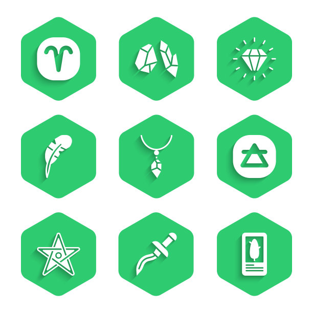 集项链与水晶，匕首，塔罗牌，空气元素，五角星，羽毛笔，钻石和白羊座生肖图标。向量图片下载