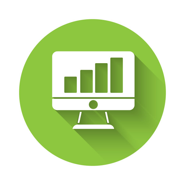 白色电脑显示器，图形图标与长阴影隔离。报告文本文件。会计的迹象。审计、分析、计划。绿色圆形按钮。向量图片下载