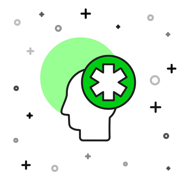 填充轮廓男性头部与医院图标隔离在白色背景。头部有心理健康、保健和医疗标志。向量图片下载