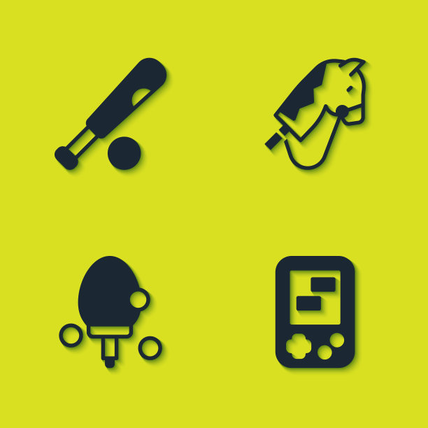 集棒球棒与球，俄罗斯方块电子游戏，球拍和玩具马图标。向量图片下载