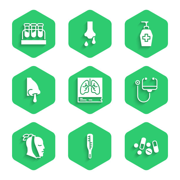 肺x光片，体温计，药片或片剂，听诊器，牙痛，流鼻涕，液体抗菌皂和带血图标的试管。向量图片下载