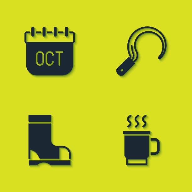 集十月日历秋天，一杯茶，防水橡胶靴和镰刀图标。向量图片下载