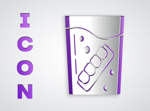 剪纸假颌在玻璃图标隔离灰色背景。牙颌或假牙，带门齿的假牙。纸艺风格。向量图片下载