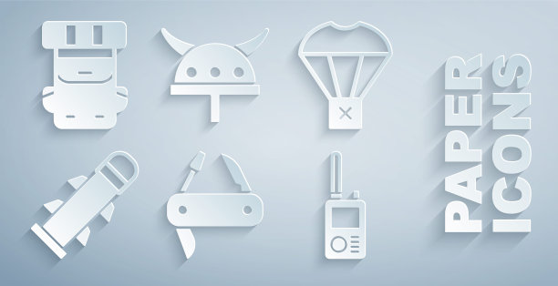 集瑞士军刀，盒子上的降落伞，火箭，对讲机，海盗角头盔和徒步背包图标飞行。向量图片下载