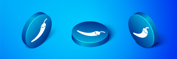 等长辣椒辣椒荚图标孤立的蓝色背景。设计杂货，烹饪产品，调味料和香料包装，烹饪书。蓝色圆圈按钮。向量图片下载