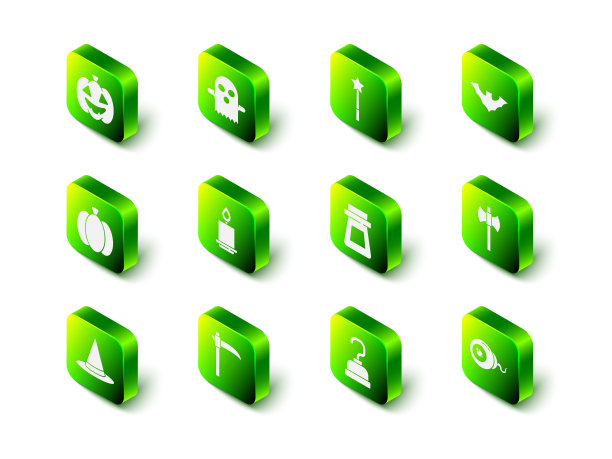 集鬼，魔杖，飞行蝙蝠，木斧，眼睛，瓶子与药水，海盗钩和镰刀图标。向量图片下载