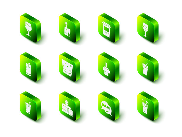 设置香槟瓶和玻璃杯，咖啡杯去，玻璃杯香槟，果汁，鸡尾酒，葡萄酒木软木塞，街道招牌与酒吧和威士忌图标。向量图片下载