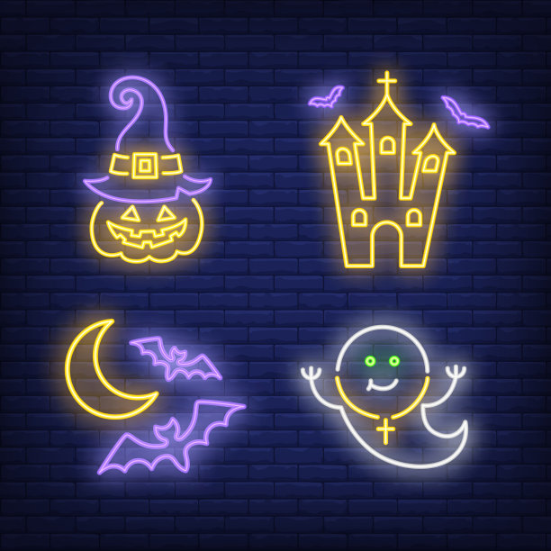 城堡里戴着帽子的南瓜鬼和蝙蝠霓虹灯图片下载