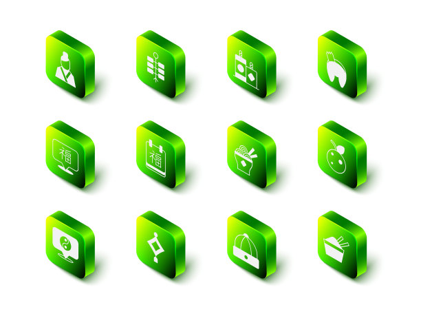 烟花，中国幸运饼干，桃果油桃，冰碗筷子，亚洲面条，帽子和纸灯笼图标。向量图片下载