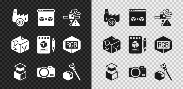 集印刷行业，3D打印机完美的复制，警告，图层，照相机，等距立方体，和草图在纸上的图标。向量图片下载
