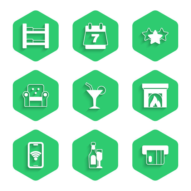 集鸡尾酒，香槟瓶与玻璃，信用卡，室内壁炉，移动wi-fi无线，扶手椅，星级评级和酒店房间床图标。向量图片下载