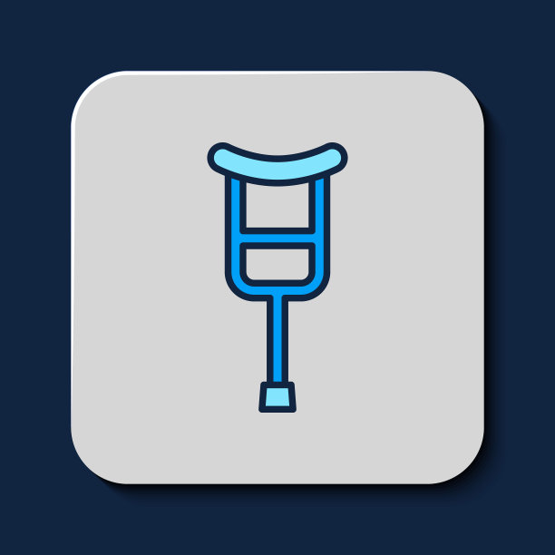 填充轮廓拐杖或拐杖图标孤立的蓝色背景。肌肉骨骼系统疾病患者康复设备。向量图片下载