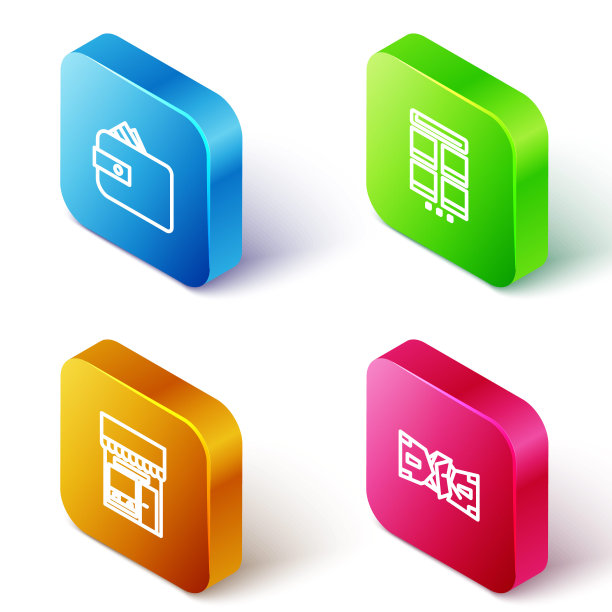 集等距线钱包与纸币现金，网上购物手机，购物大楼或市场商店和皱巴巴的图标。向量图片下载