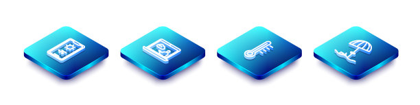 设置等距线天气预报，气象温度计和沙滩防晒伞图标。向量图片下载