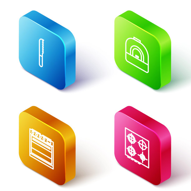 设置等距线面包刀，烤箱和煤气灶图标。向量图片下载