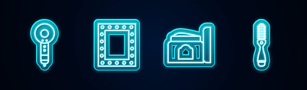 套装线:吹风机、彩妆镜、化妆筒、发刷。发光的霓虹灯图标。向量图片下载