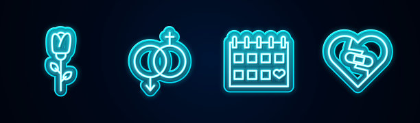 设线花玫瑰，性别，日历与心愈合破碎。发光的霓虹灯图标。向量图片下载