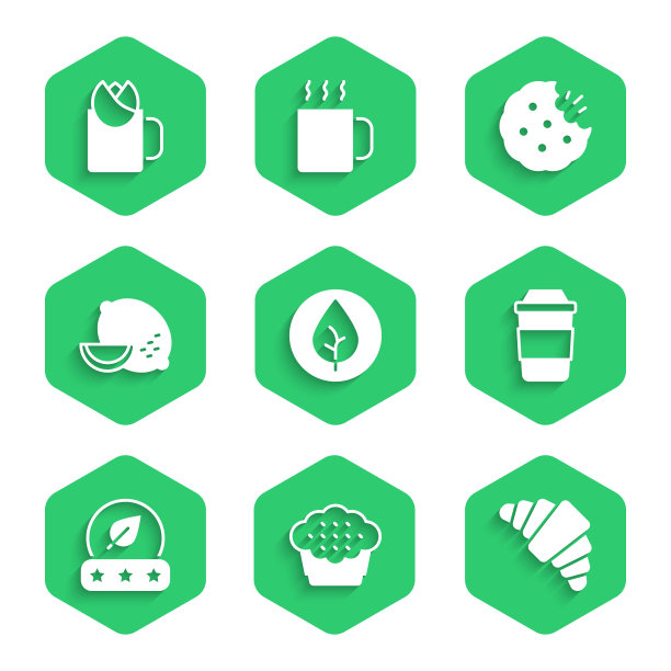 茶叶，松饼，牛角包，一杯茶，柠檬，饼干或饼干和玫瑰图标。向量图片下载