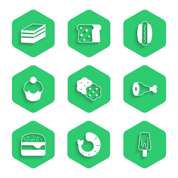 集饼干饼干，虾，冰淇淋，鸡腿，汉堡，松饼，热狗和一块蛋糕图标。向量图片下载