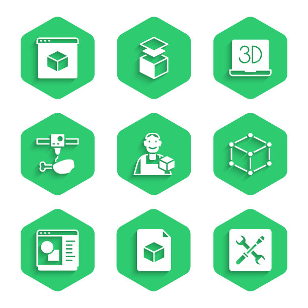集平面设计，等距立方体文件，3D打印机设置，软件，鸡腿和图标。向量图片下载