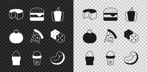 奶酪，汉堡，甜椒，鸡蛋，华夫饼冰淇淋，牛排肉，西红柿和披萨图标片。向量图片下载