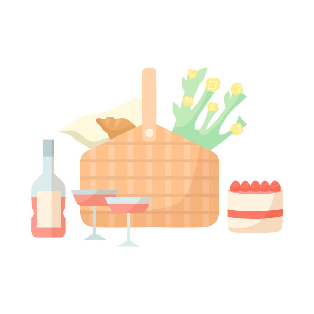 柳条篮与食品和饮料卡通图片下载