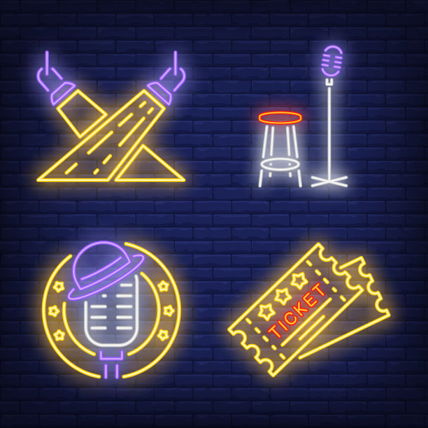 门票，聚光灯和麦克风，霓虹灯图片下载