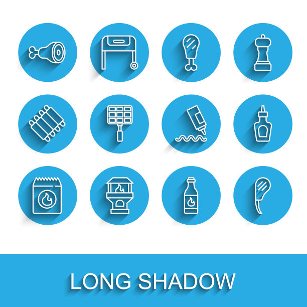 集烧烤煤袋，砖炉，鸡腿，塔巴斯科酱，肋眼牛排，钢网，酱瓶和图标。向量图片下载