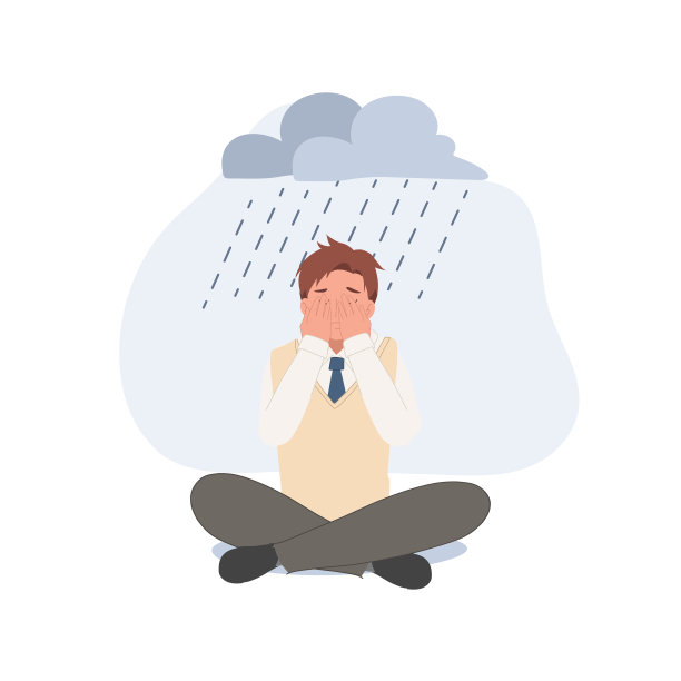 沮丧孤独的亚洲高中男生，坐在地上哭泣的悲伤少年，青少年抑郁症，扁平矢量卡通插画图片下载