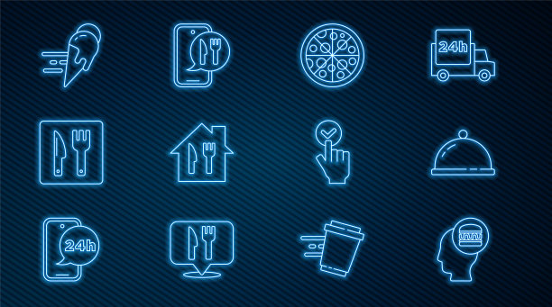 在线订购和交付，用食物托盘覆盖，比萨饼，咖啡馆餐厅位置，冰淇淋，和图标。向量图片下载