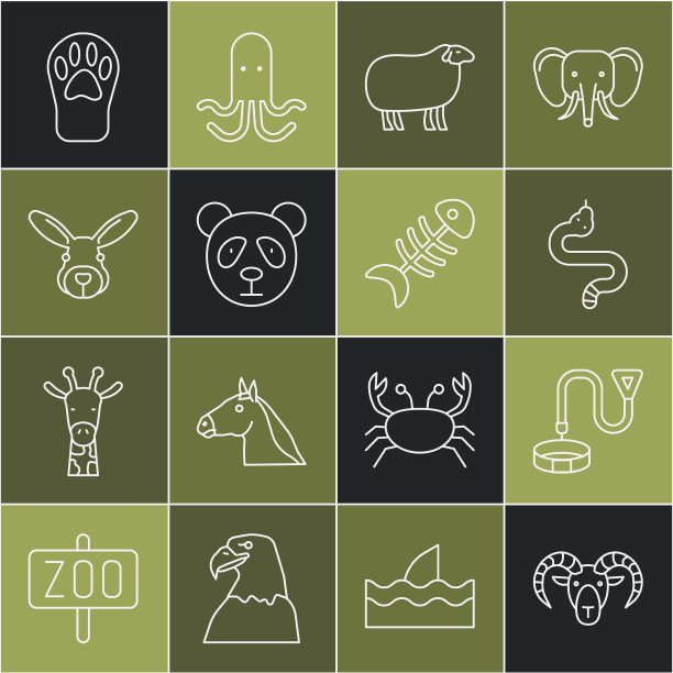 设线山羊或公羊的头，项圈与名牌，蛇，羊，可爱的熊猫脸，兔头，爪印和鱼骨架图标。向量图片下载