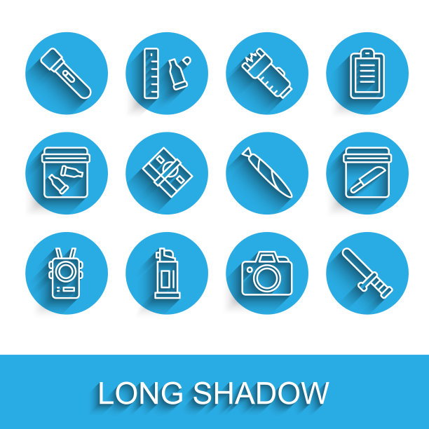 设置线警察随身相机，胡椒喷雾，手电筒，照片，橡皮棒，堆纸钱现金，证据袋刀和大麻联合图标。向量图片下载