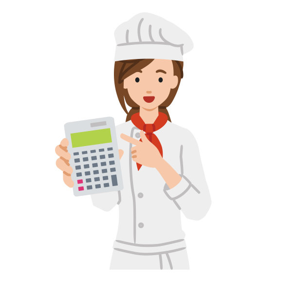 一位女厨师面带微笑地推荐、提议、展示估价并指着计算器图片下载