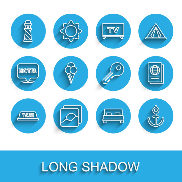 出租车车顶，照片，灯塔，大床，锚，华夫蛋筒冰淇淋，护照和钥匙图标。向量图片下载