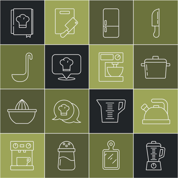设置线搅拌机，带手柄的水壶，烹饪锅，冰箱，厨师帽位置，厨房勺子，食谱和电动搅拌机图标。向量图片下载