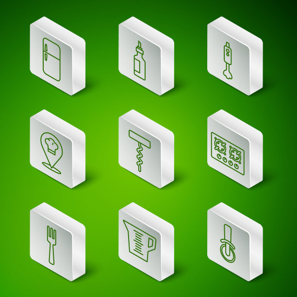 设线披萨刀，量杯，冰箱，葡萄酒开瓶器，厨师帽与位置，一瓶橄榄油，叉子和煤气灶图标。向量图片下载