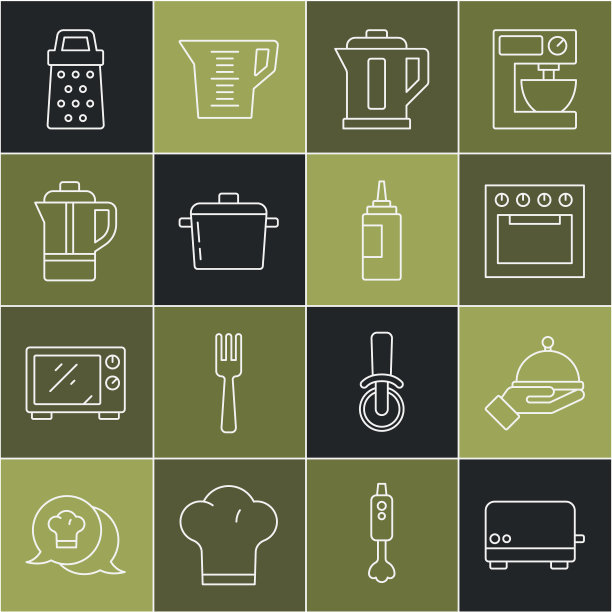 设置线烤面包机，覆盖托盘，烤箱，电水壶，烹饪锅，茶壶，磨碎器和酱瓶图标。向量图片下载