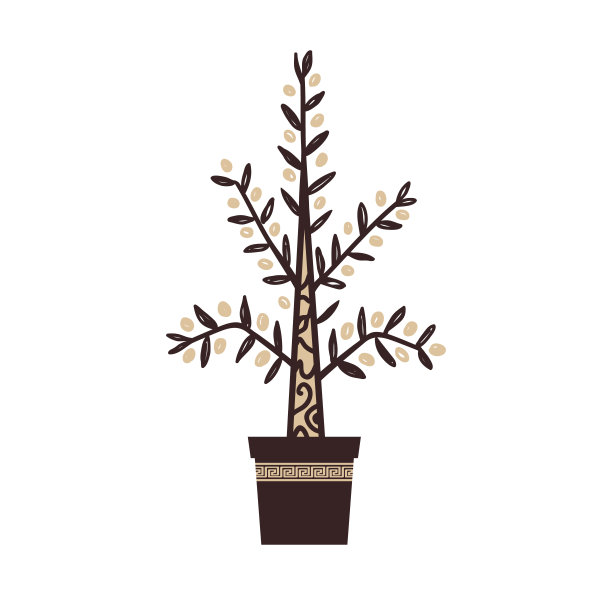 盆栽橄榄树图标矢量隔离与黄金和白色。天真的部落风格，标志设计图片下载