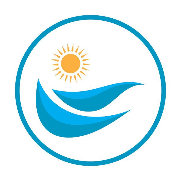 太阳和海浪标志，海滩海浪，极简主义和简单的现代概念与平面颜色设计模板插图向量图片下载