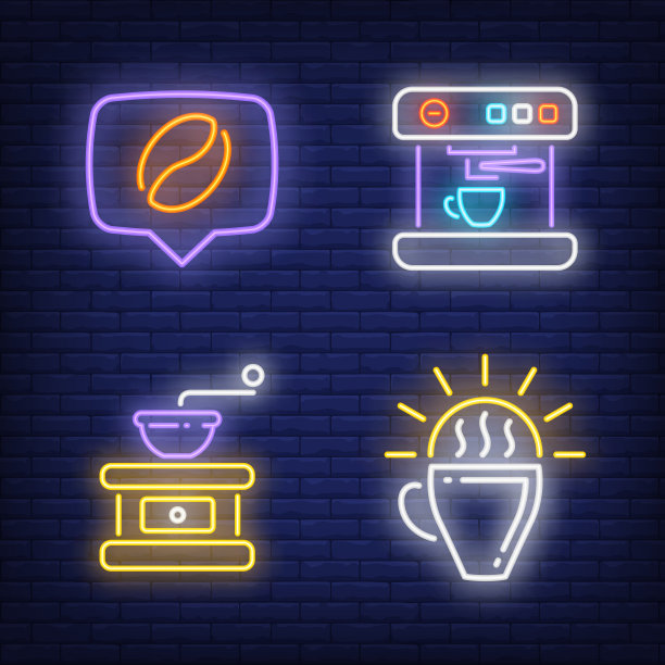 咖啡豆杯和手动研磨机霓虹灯设置图片下载