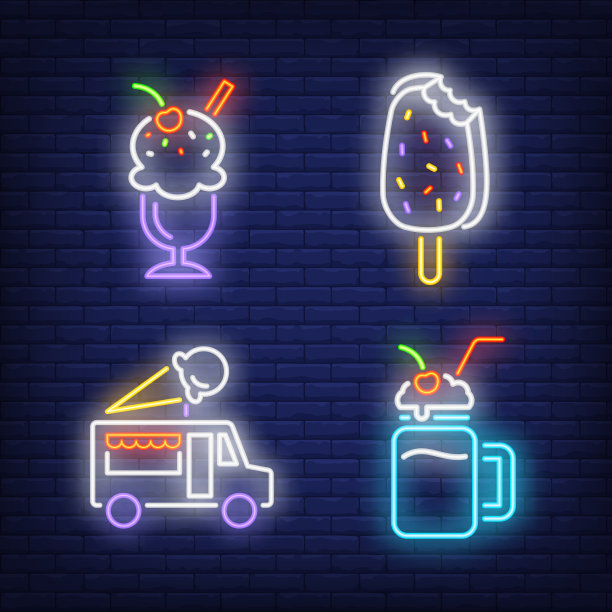 冰淇淋牛奶鸡尾酒和卡车霓虹灯设置图片下载