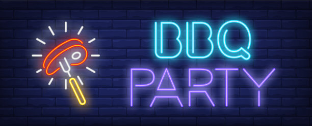 烧烤派对的霓虹灯文字上有闪亮的牛排图片下载