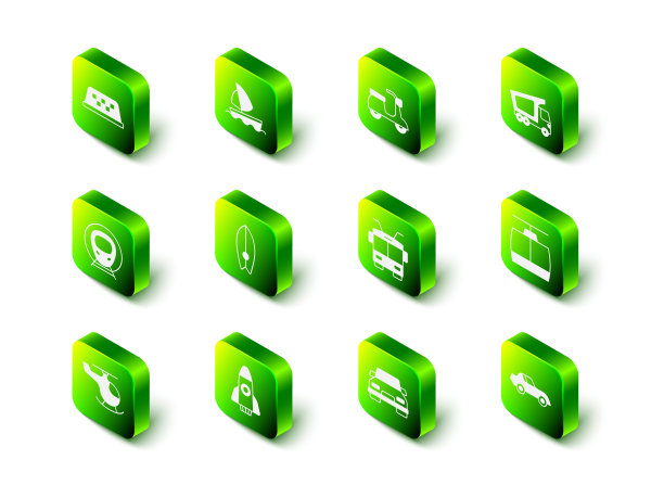 集游艇帆船，摩托车，交付货物卡车，电缆，汽车，无轨电车，和火箭船图标。向量图片下载