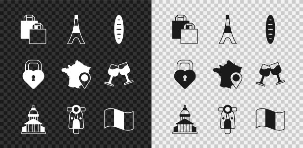 集纸购物袋，埃菲尔铁塔，法国法棍面包，博物馆大楼，摩托车，国旗法国，城堡的形状和地图图标。向量图片下载