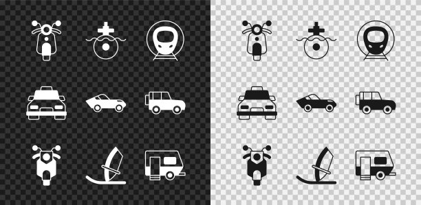 集摩托车，潜艇，火车和铁路，风帆冲浪，房车露营拖车，出租车汽车和汽车图标。向量图片下载