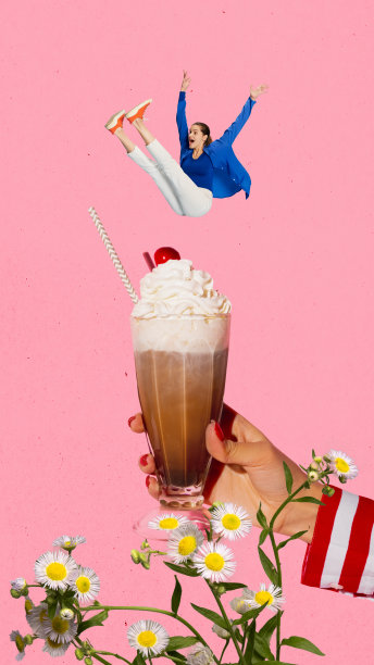 开朗，兴奋的年轻女孩坠入美味的巧克力鸡尾酒与生奶油。当代艺术拼贴。图片下载