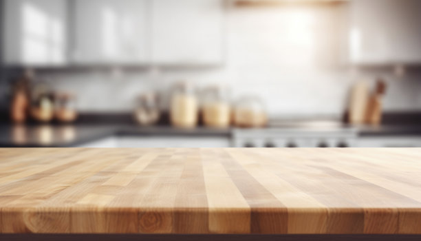 空的棕色木制桌面和模糊的散焦现代厨房内部背景图片下载