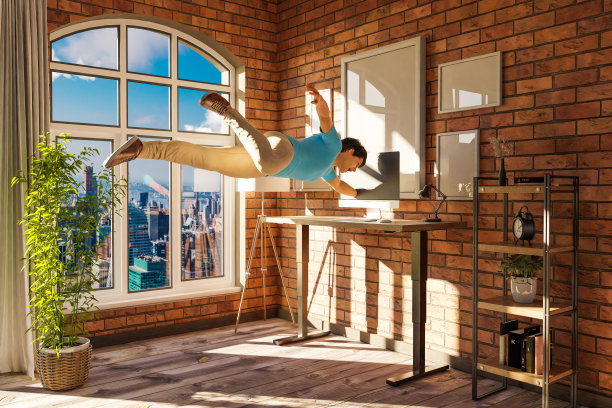 漂浮在空中的商人被吸进了电脑显示屏;超现实压力沉浸与虚拟现实概念;明亮的城市办公室，大窗户;三维演示图片下载