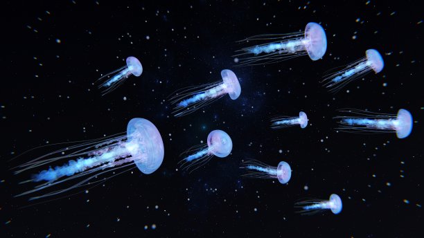 发光的水母在蓝色的海洋深处游泳。美杜莎霓虹水母幻想在太空宇宙之间的恒星。三维渲染图片下载