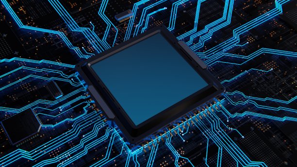 电脑主板上的芯片处理器发出蓝光。人工智能图形芯片、采矿、数字技术、网络安全。三维渲染图片下载